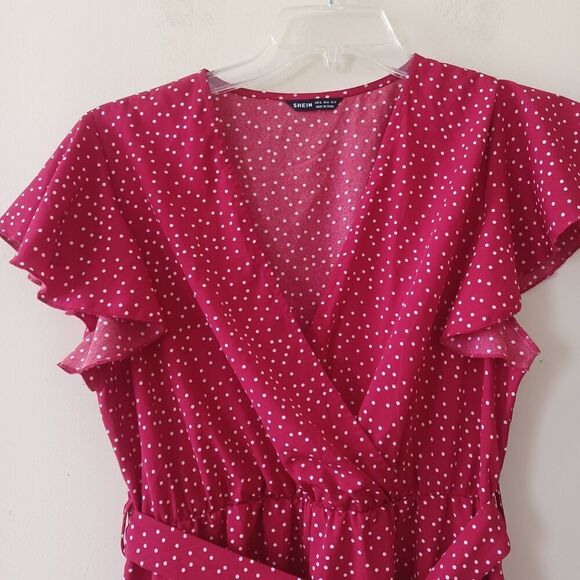 Shein XL Faux Wrap Surplice‎ VNeck Ruffle Tier Red Polka Dots Tie Waist Casual - Picture 6 of 8